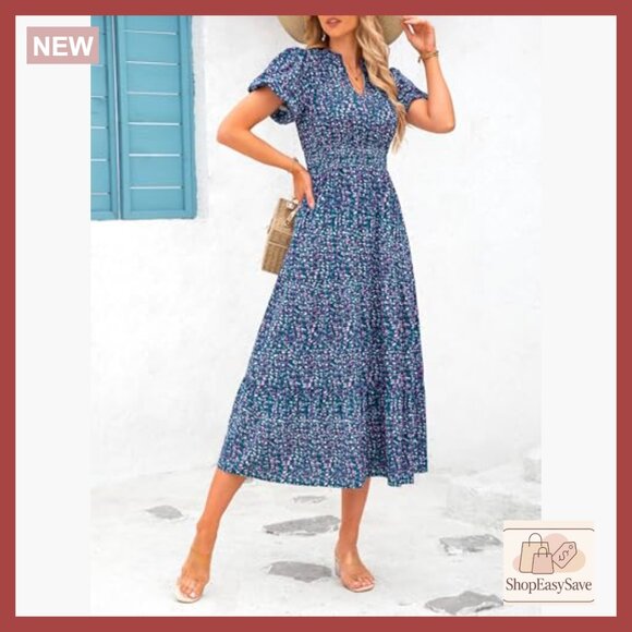 Floral Maxi Dress V Neck Puff Sleeve Smocked Waist Boho Casual Beach Wear - Picture 4 of 7